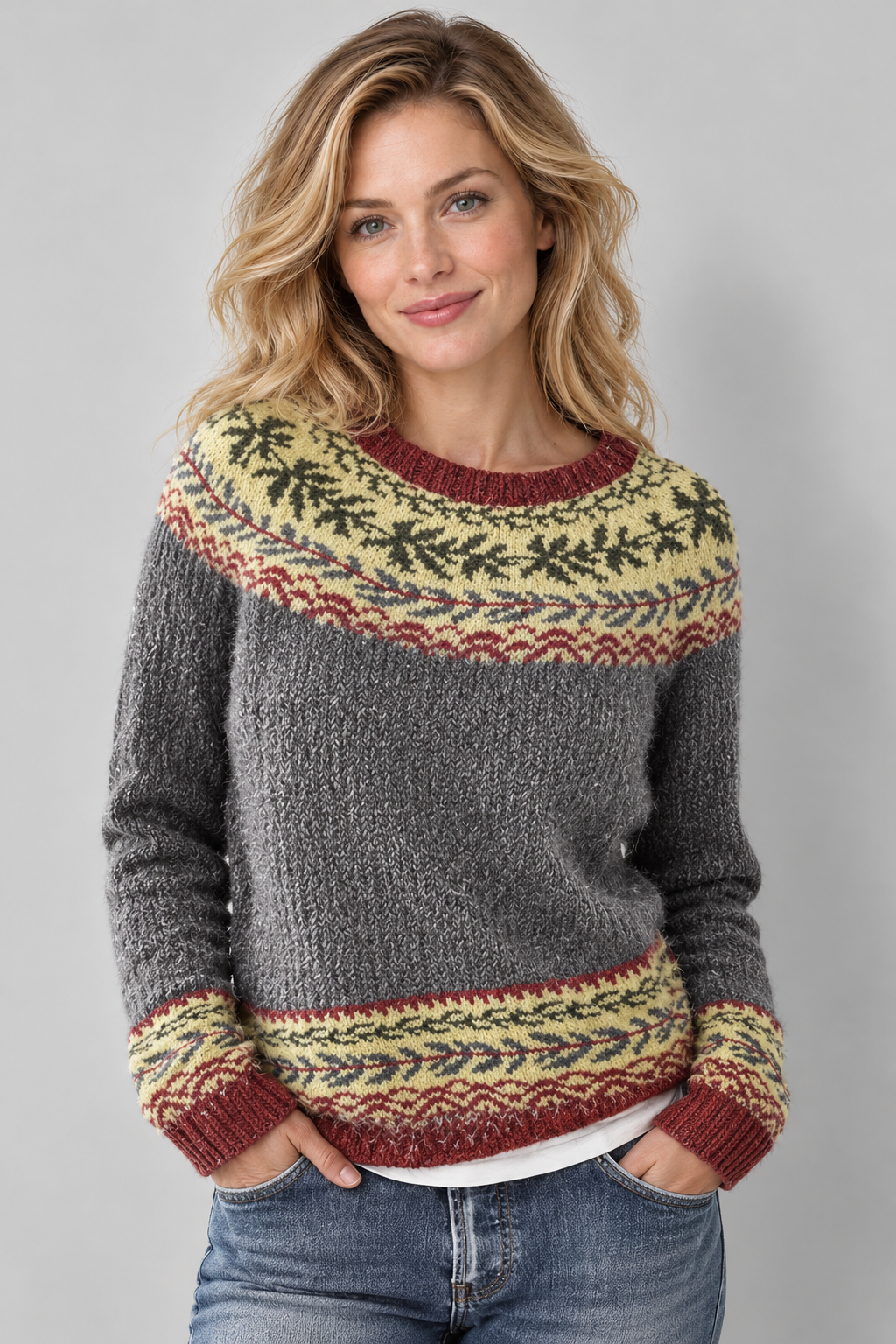 Avery & Mercer own model W01 wearing Gray/Floral patterned knit sweater, front view