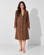 Women's tailored suede-effect longline coat, brown hero view on Avery & Mercer model