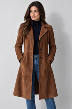 Women's tailored suede-effect longline coat, brown open view on Avery & Mercer model