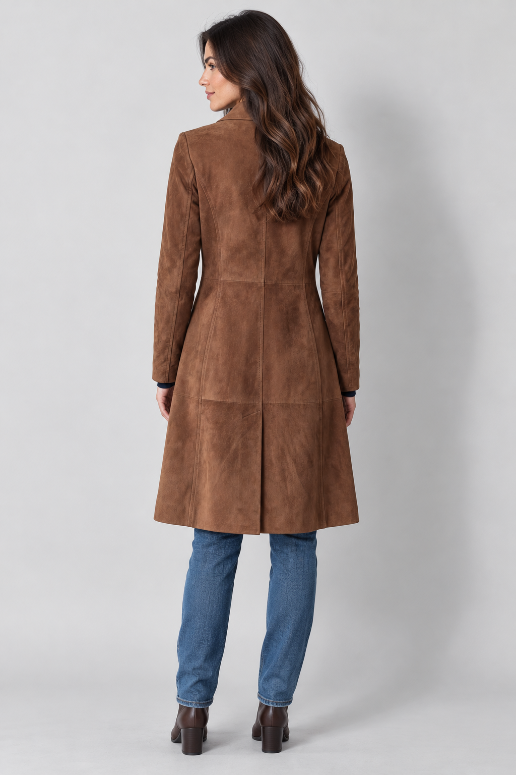 Women's tailored suede-effect longline coat, brown rear view on Avery & Mercer model