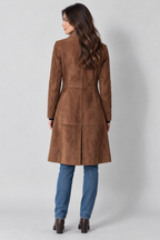 Women's tailored suede-effect longline coat, brown rear view on Avery & Mercer model