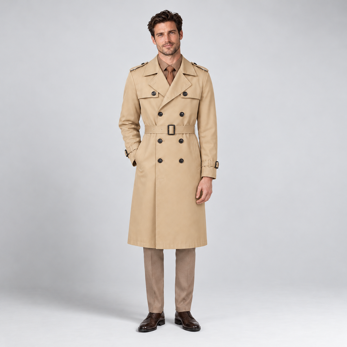 Men's belted double-breasted trench coat, khaki front v1