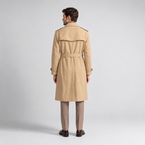 Men's belted double-breasted trench coat, khaki rear v1