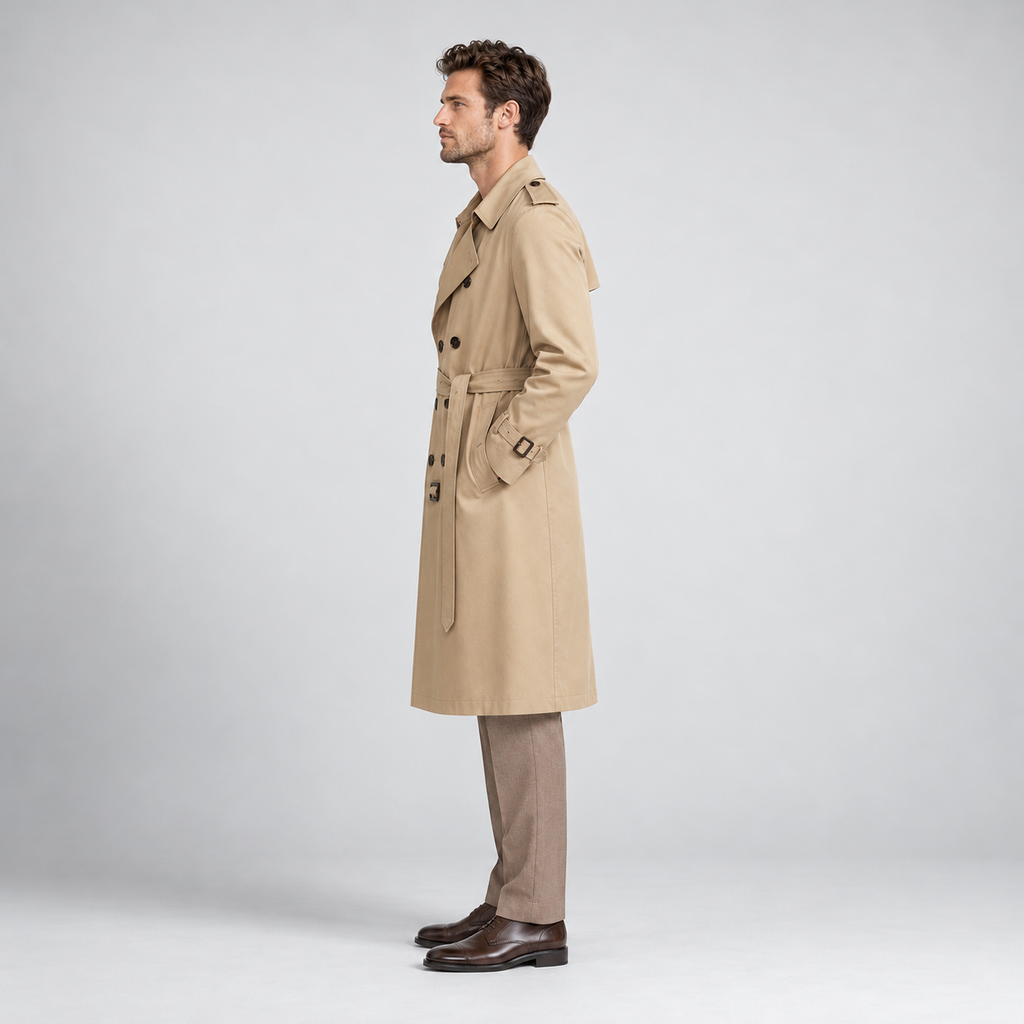 Men's belted double-breasted trench coat, khaki side v1