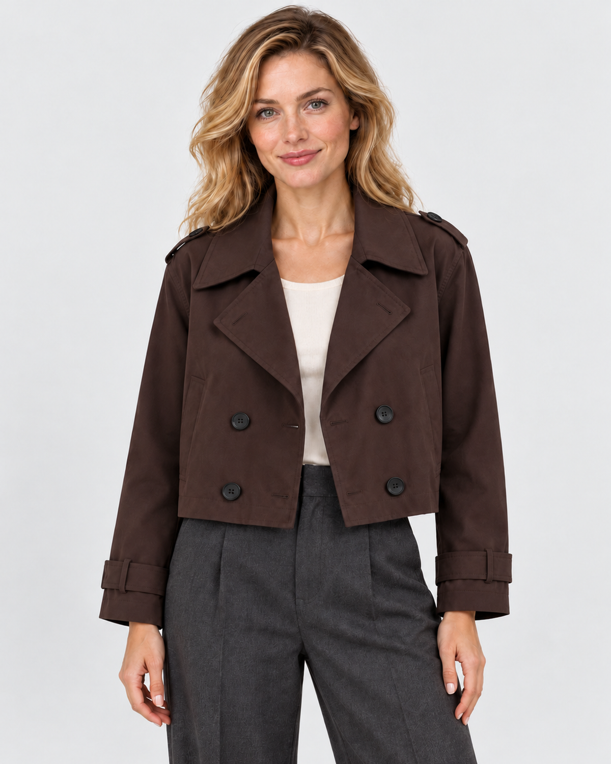 Women's cropped double-breasted trench coat jacket in brown, front studio view