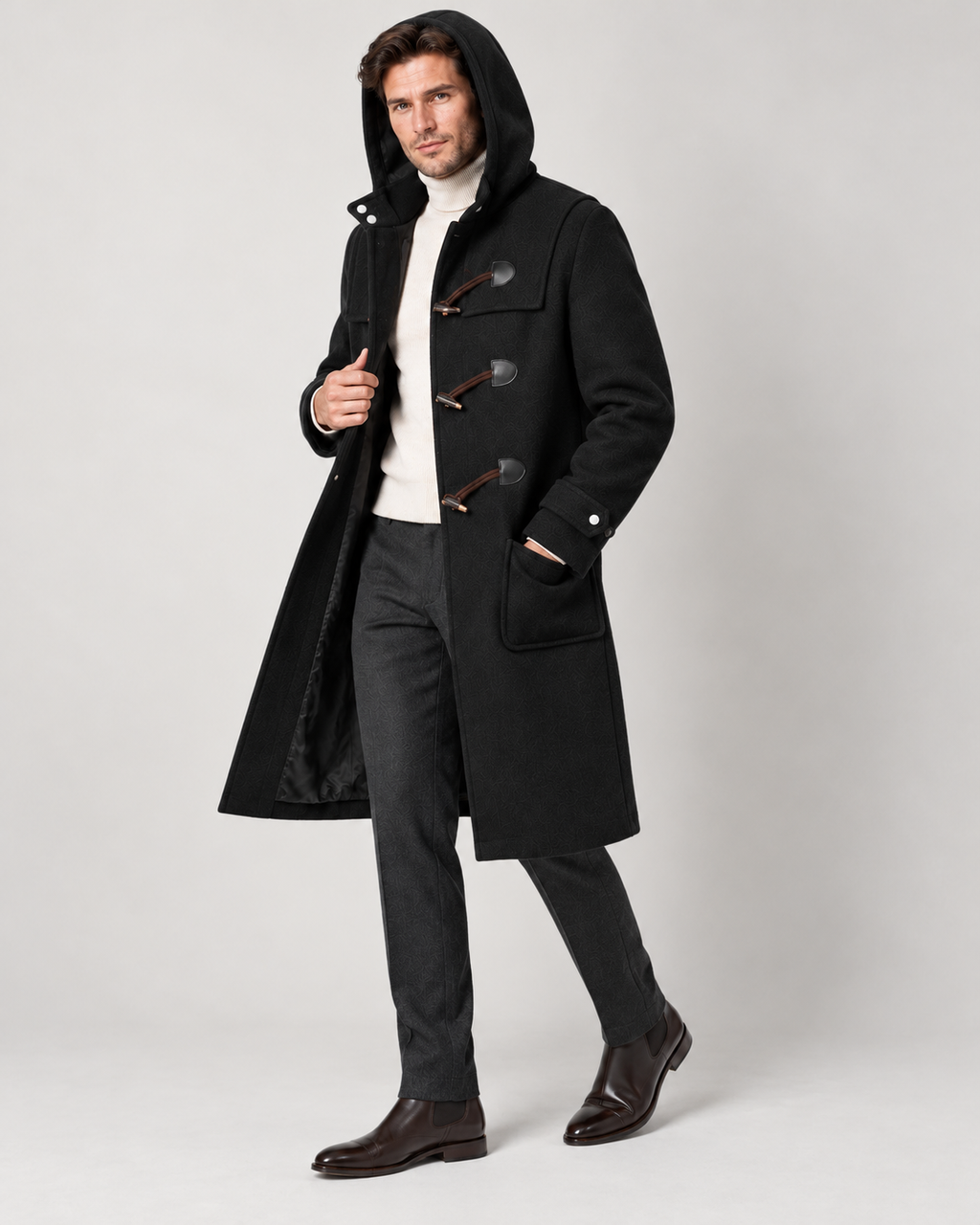 Men's hooded wool duffle coat, black angle view
