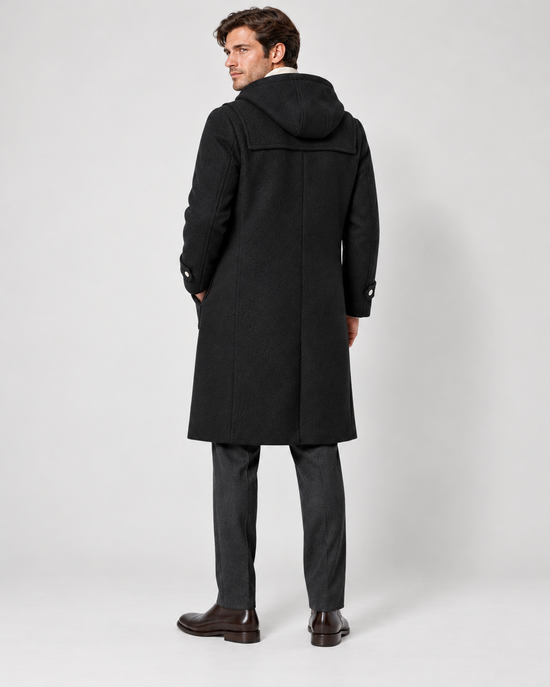 Men's hooded wool duffle coat, black rear view