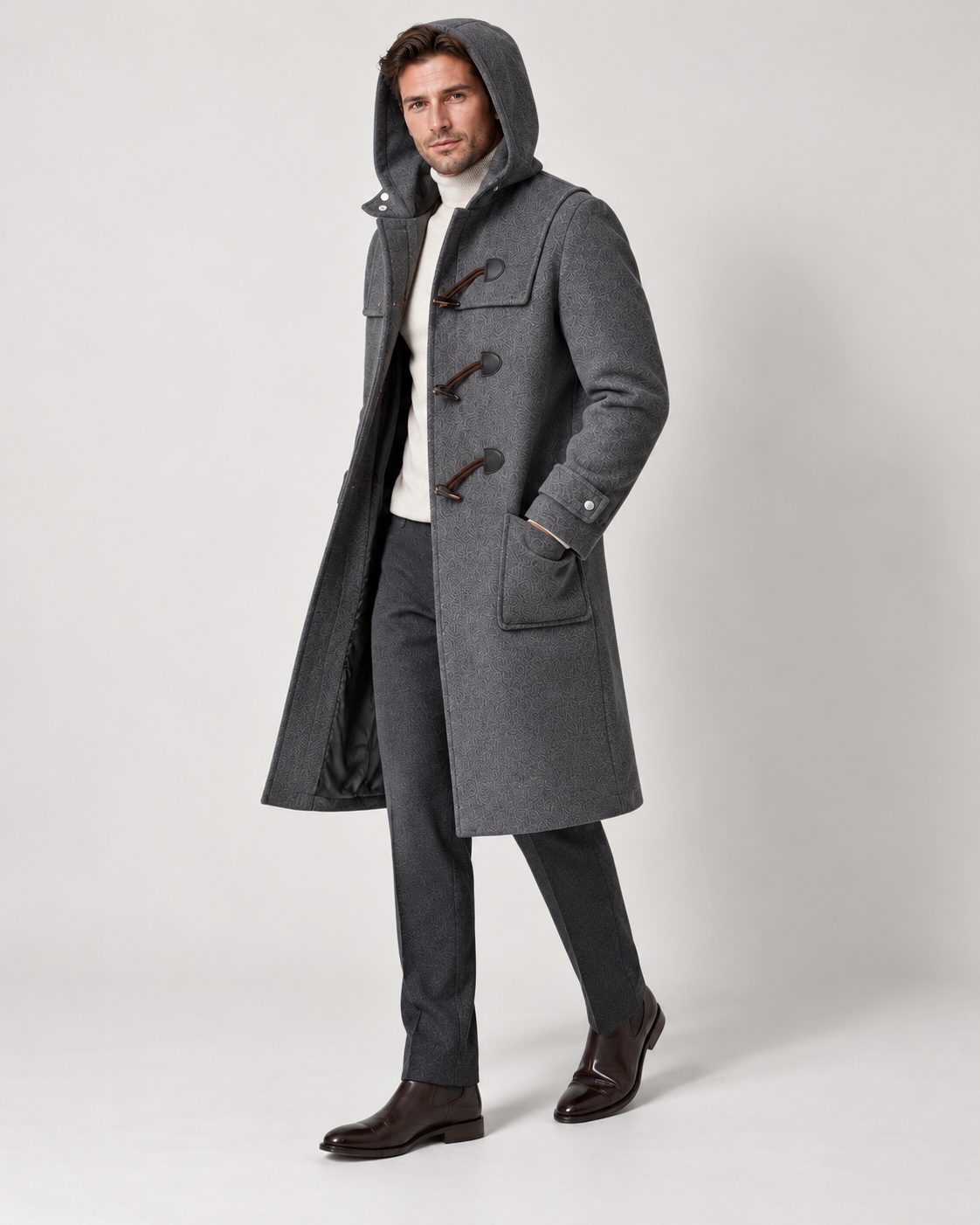 Men's hooded wool duffle coat, grey angle view
