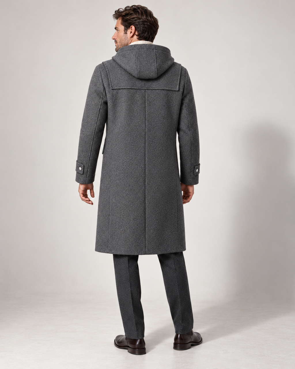 Men's hooded wool duffle coat, grey rear view