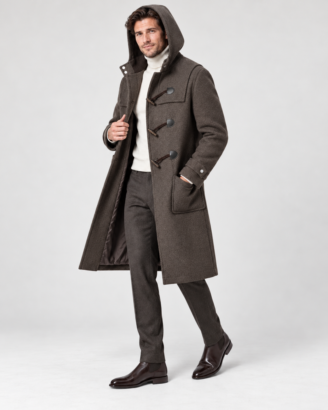 Men's hooded wool duffle coat, taupe angle view