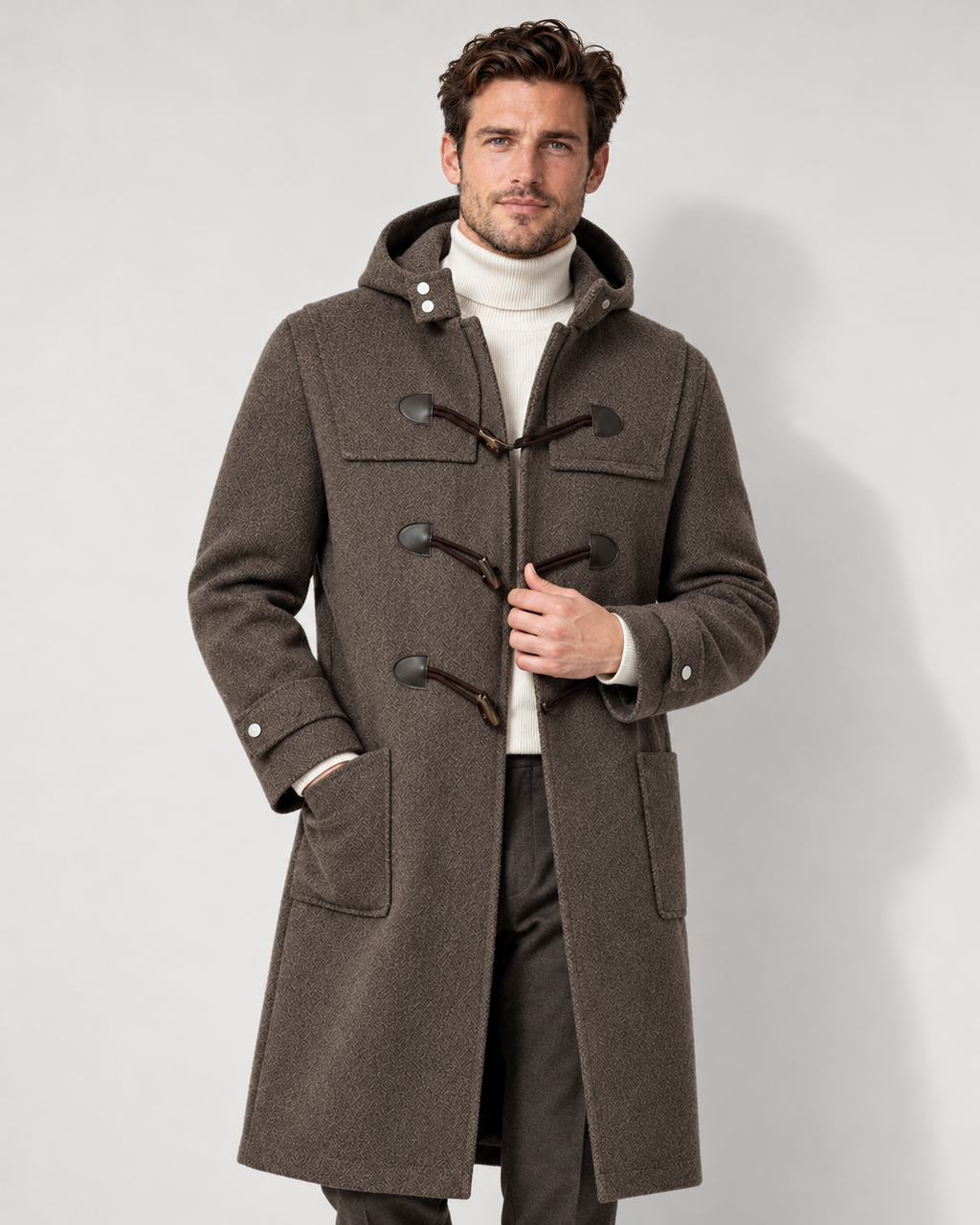 Men's hooded wool duffle coat, taupe front view
