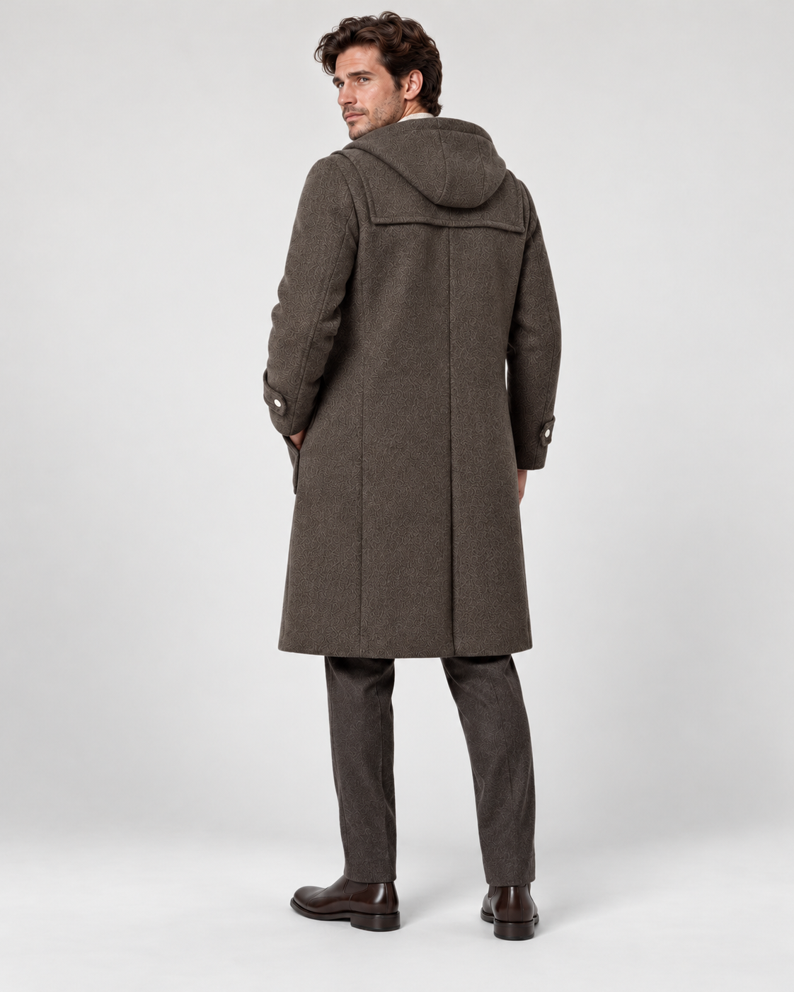 Men's hooded wool duffle coat, taupe rear view