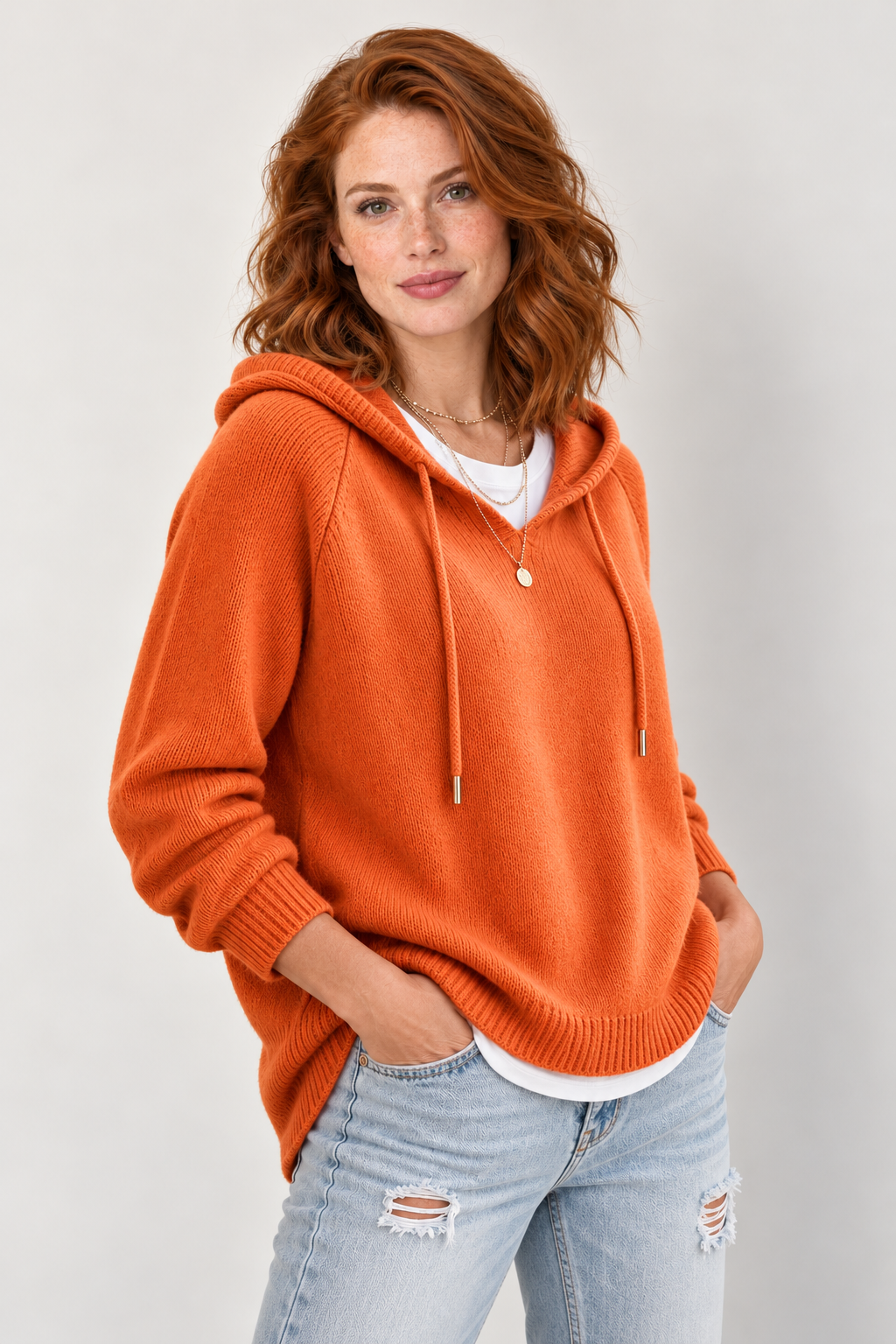 Drawstring hooded knit pullover, orange angle