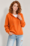 Drawstring hooded knit pullover, orange front