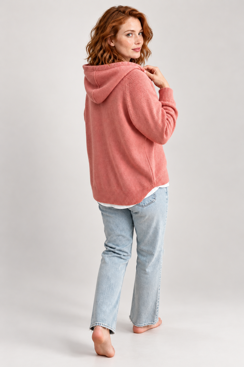 Drawstring hooded knit pullover, pink rear