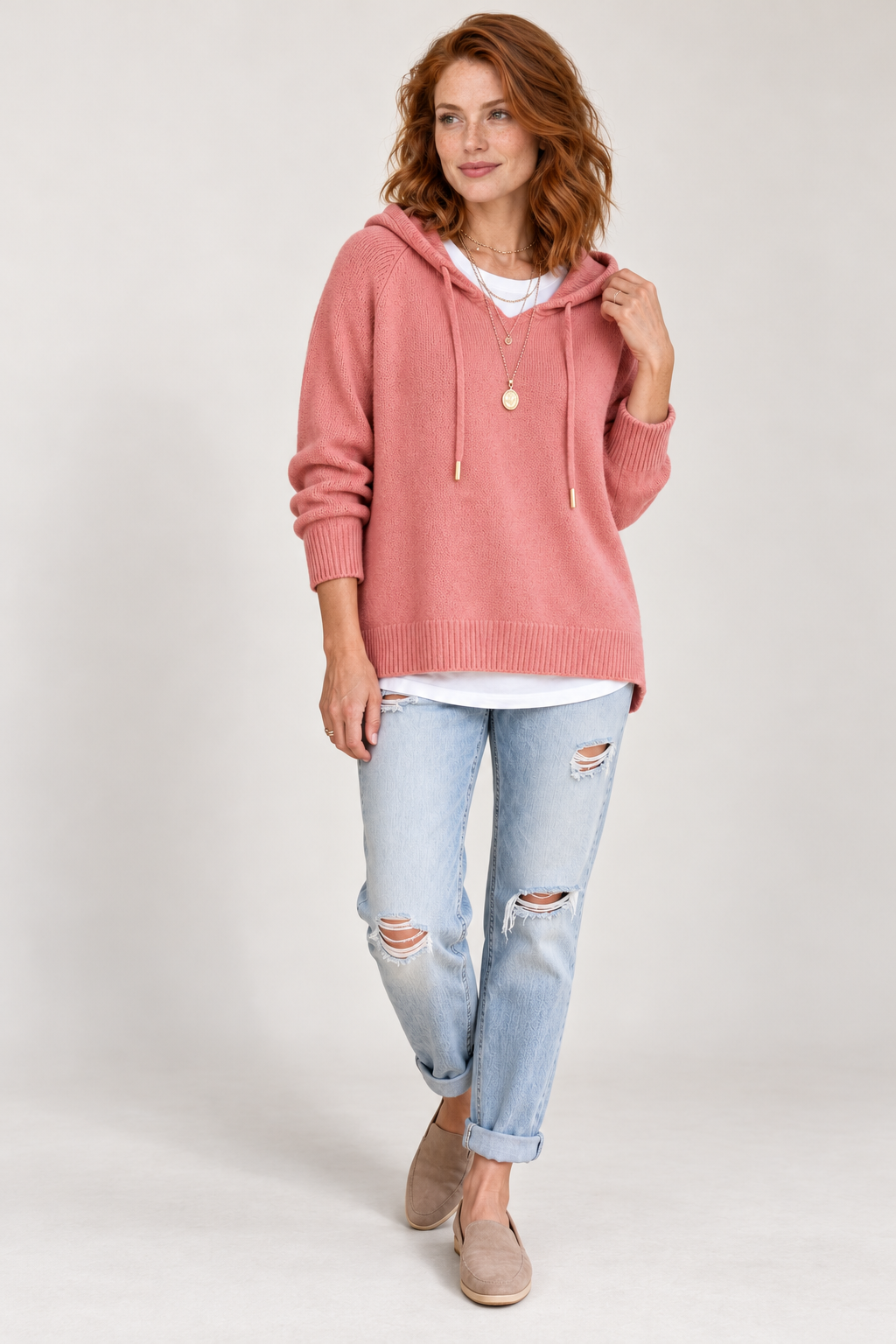 Drawstring hooded knit pullover, pink styled