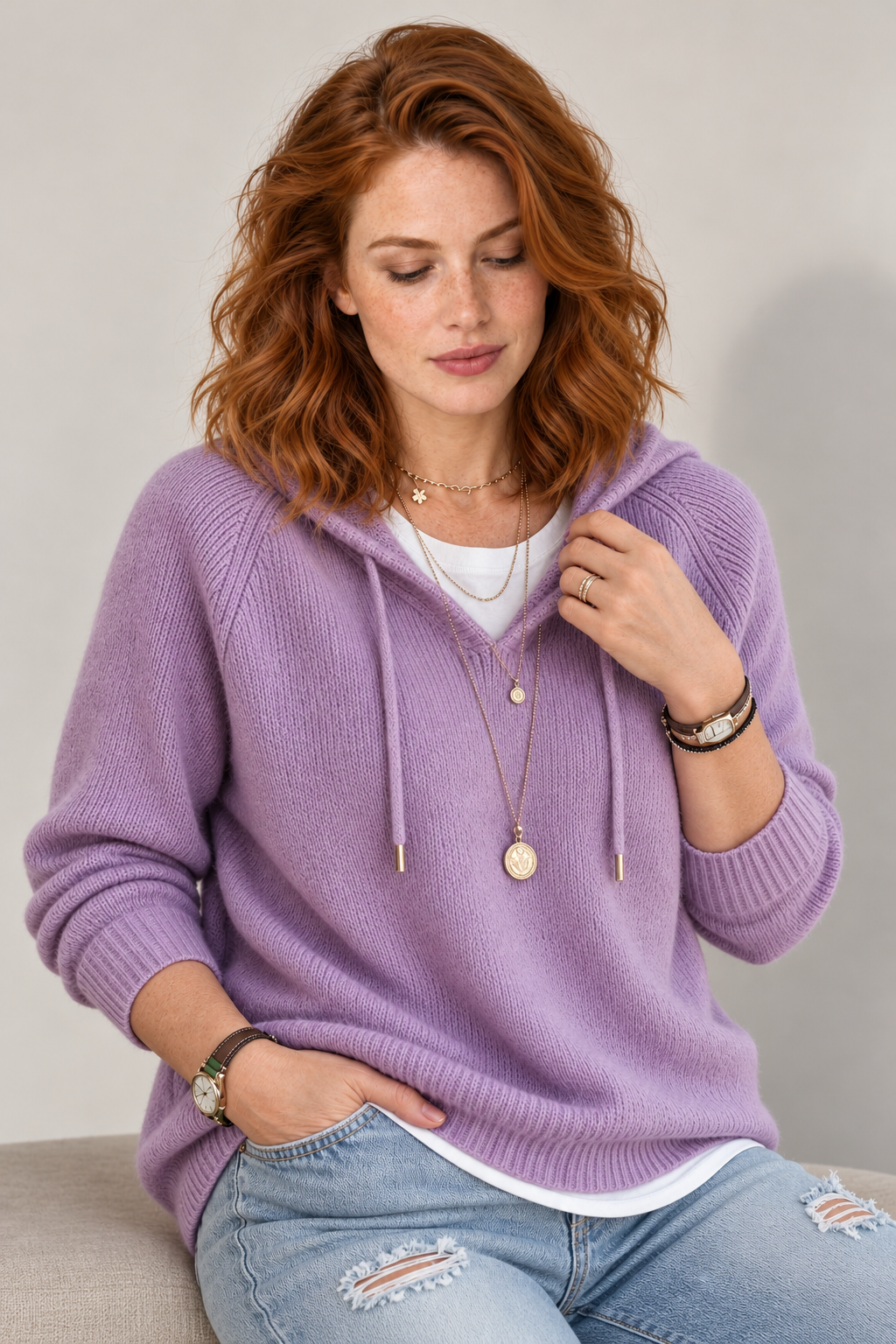 Drawstring hooded knit pullover, purple seated