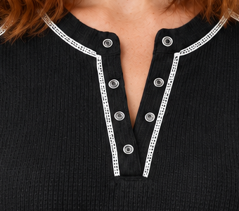 Waffle-knit contrast-stitch Henley top, black neckline native crop