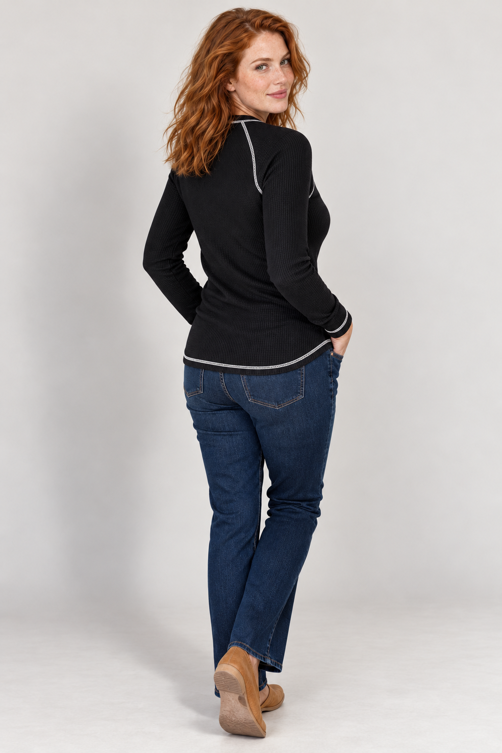 Waffle-knit contrast-stitch Henley top, black rear v1