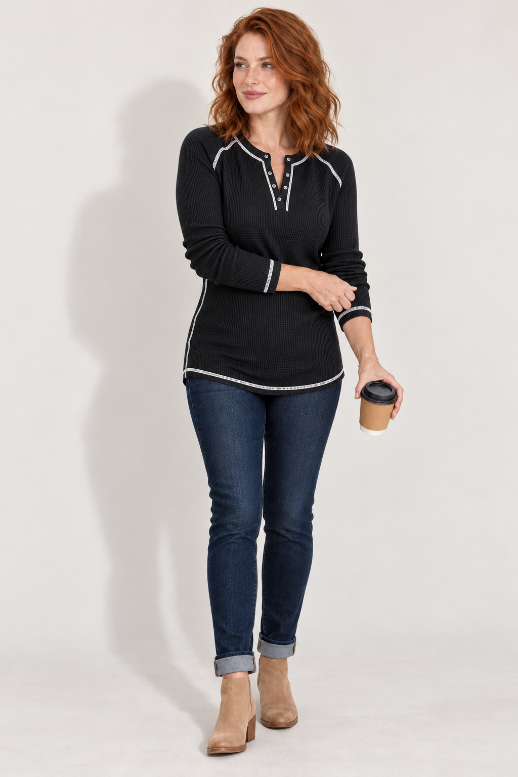 Waffle-knit contrast-stitch Henley top, black styled v1