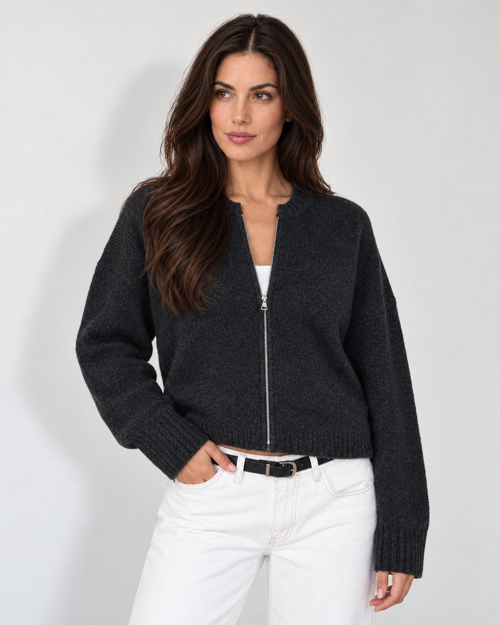 Zip-front knit cardigan, black alt