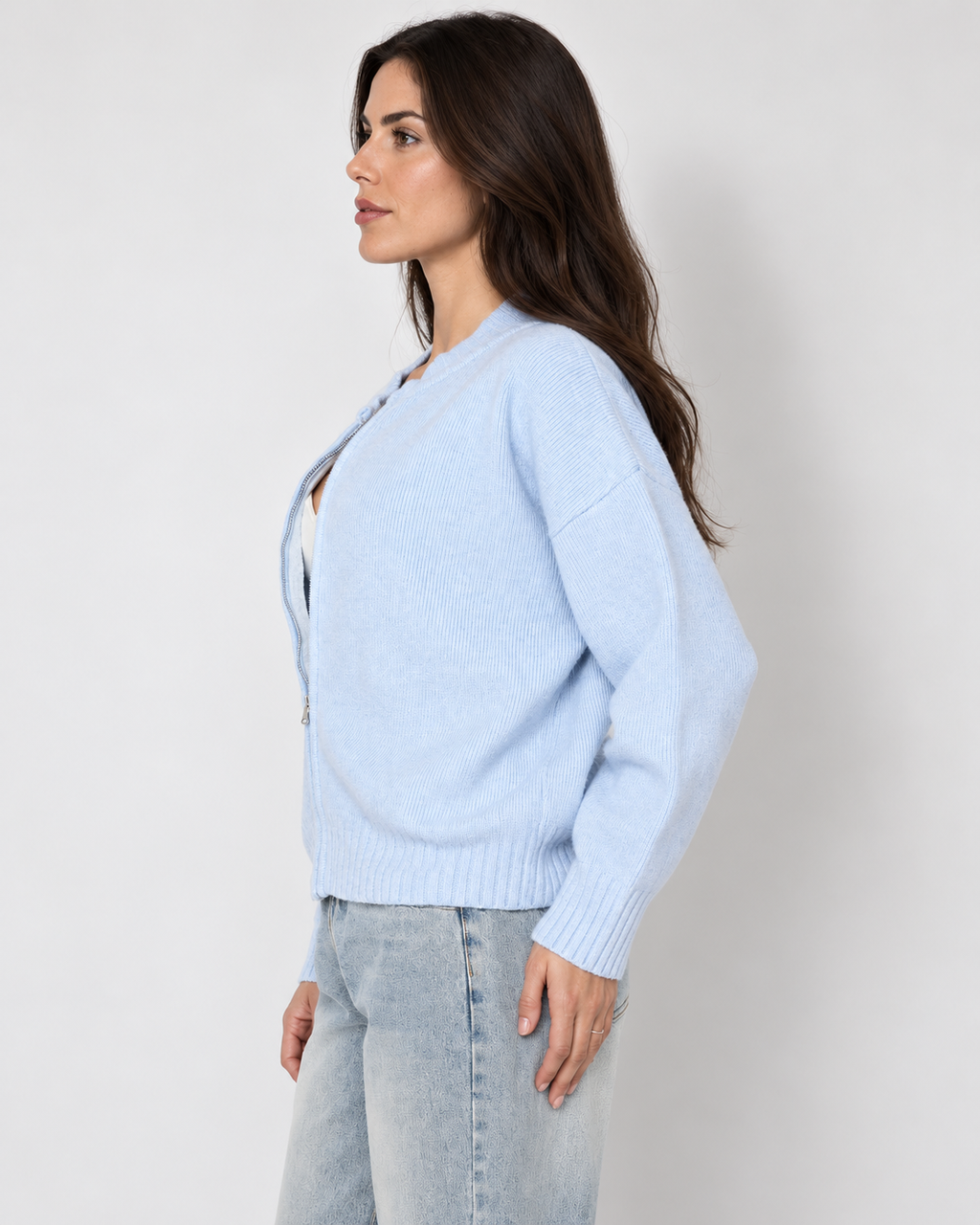 Zip-front knit cardigan, blue side