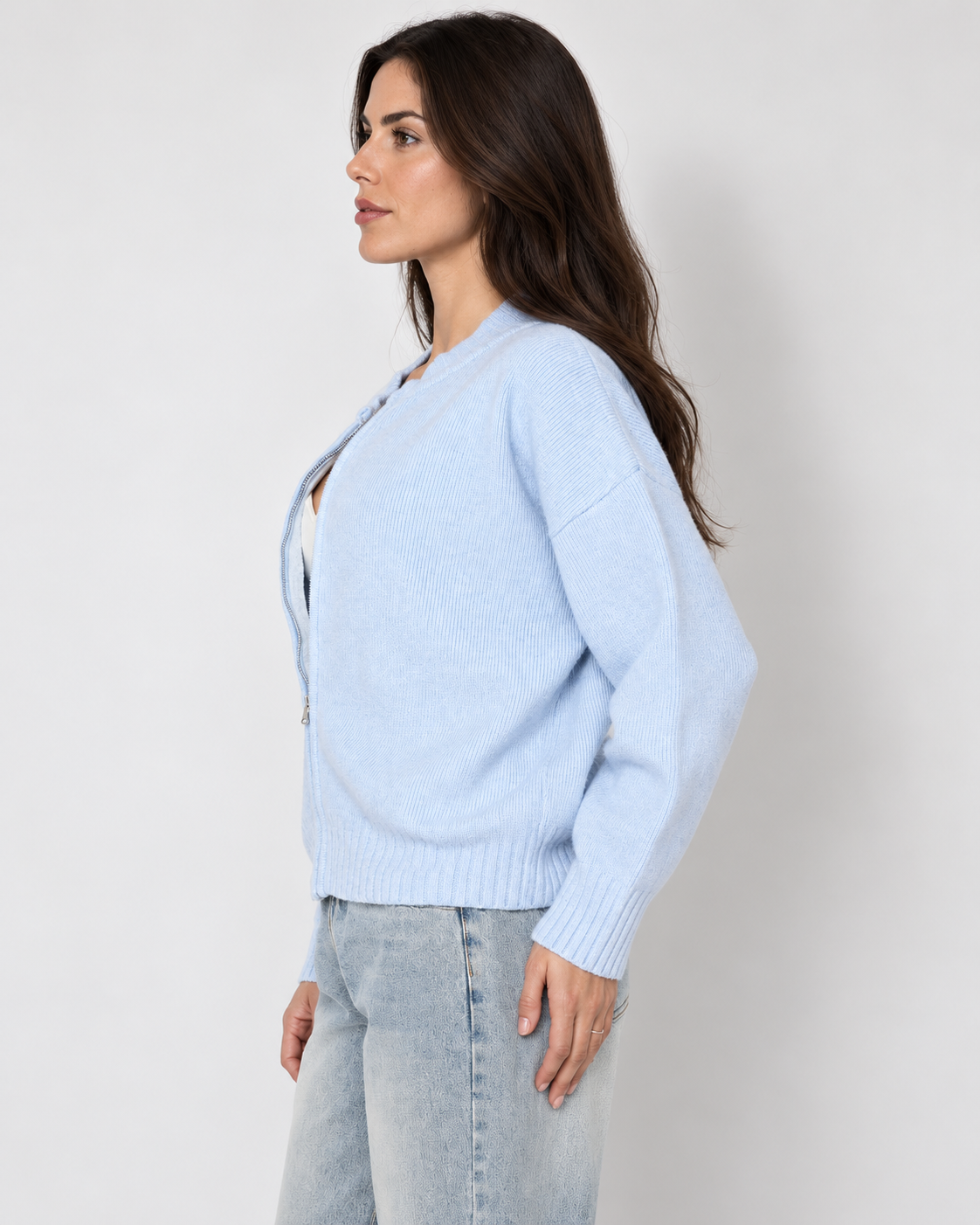 Zip-front knit cardigan, blue side