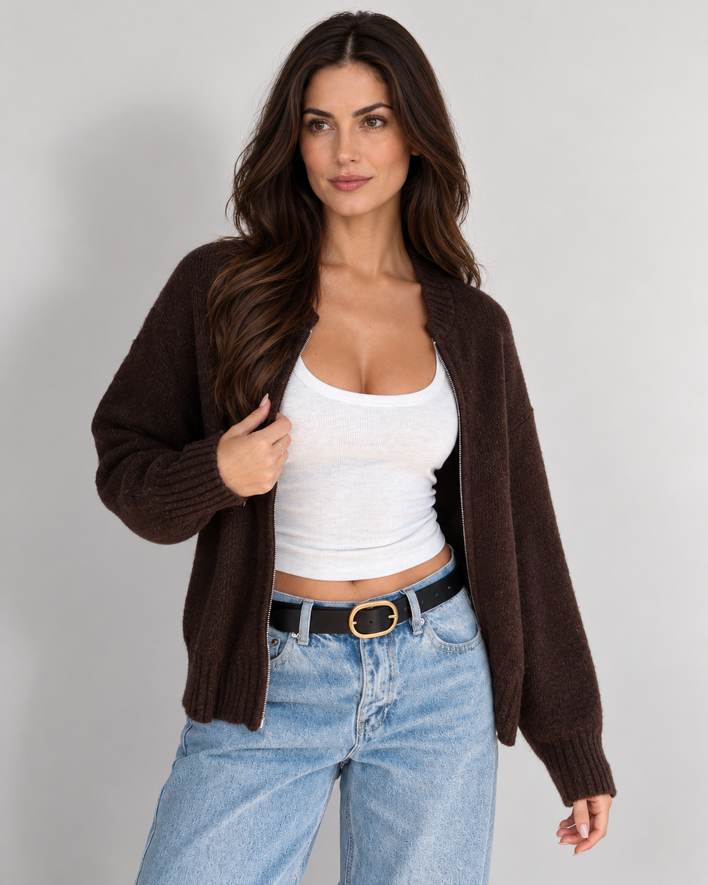 Zip-front knit cardigan, brown open