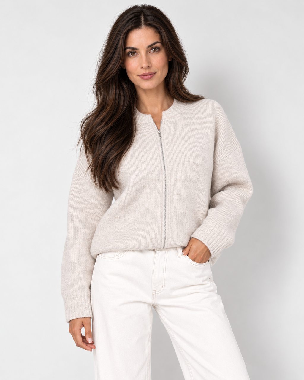 Zip-front knit cardigan, cream closed