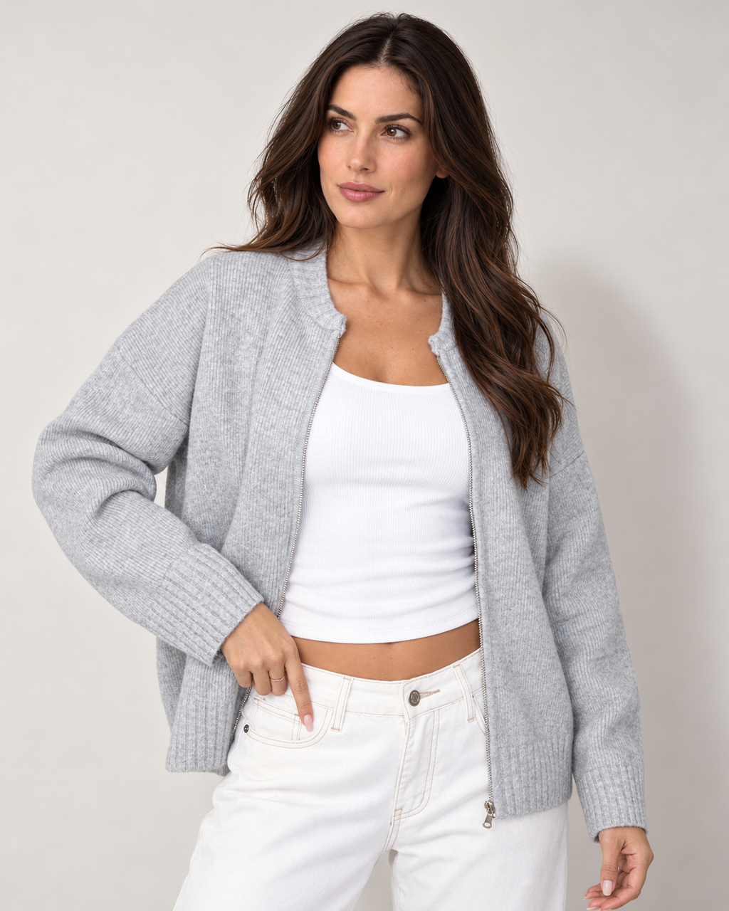 Zip-front knit cardigan, gray open