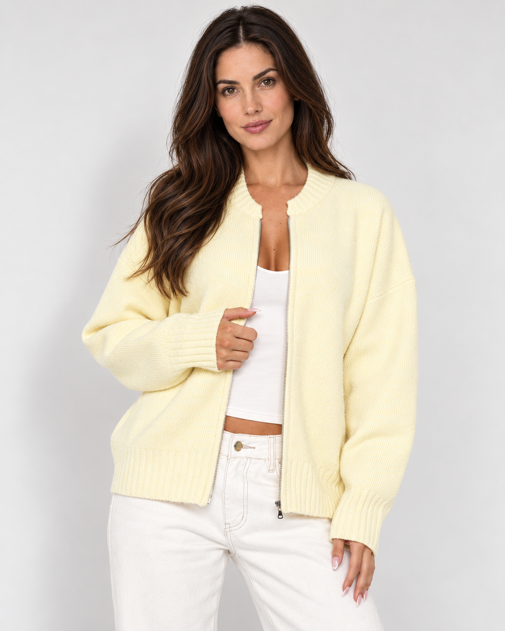 Zip-front knit cardigan, yellow open