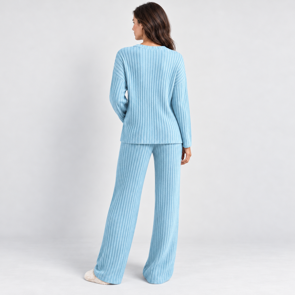 Ribbed V-neck lounge set, blue rear