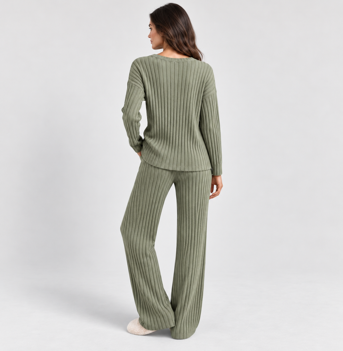Ribbed V-neck lounge set, green rear