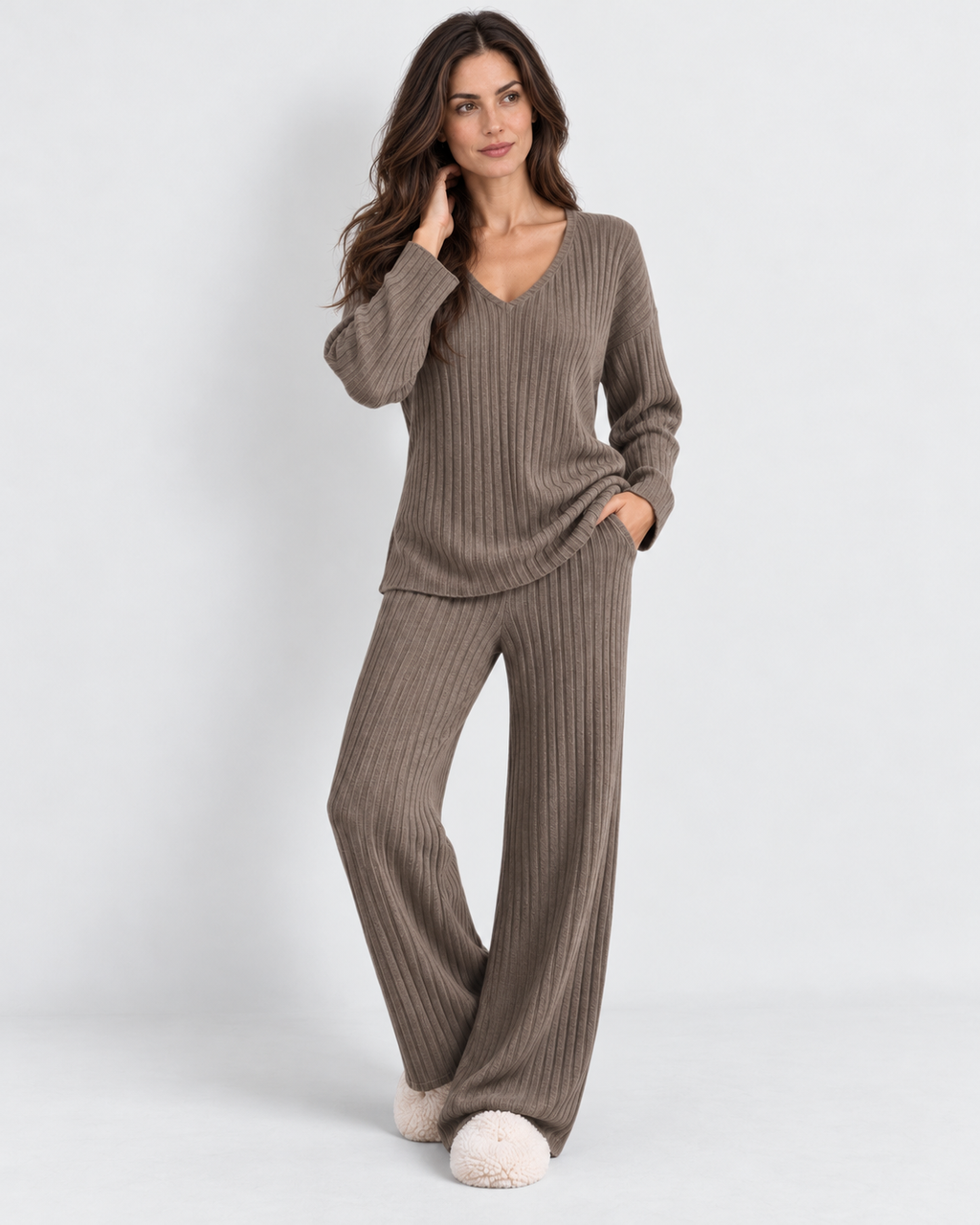 Ribbed V-neck lounge set, khaki front