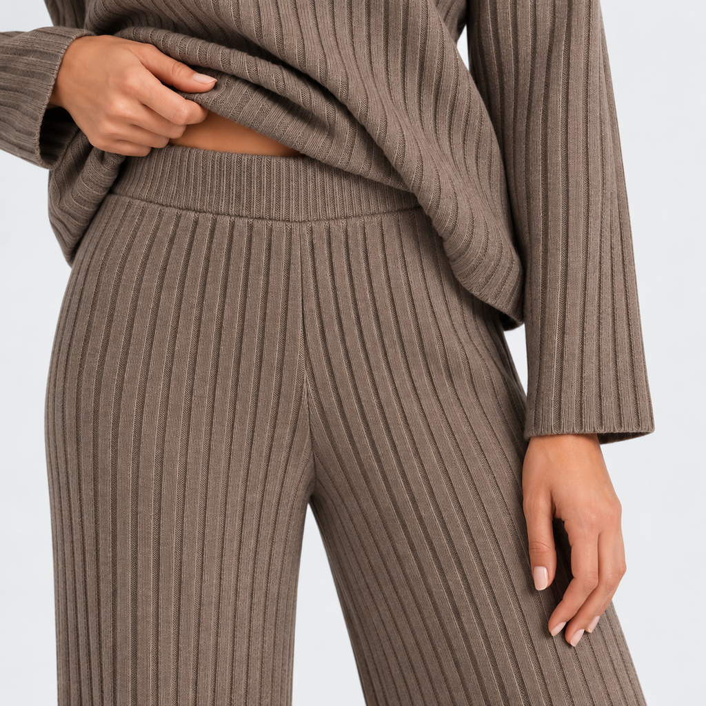 Ribbed V-neck lounge set, khaki waist