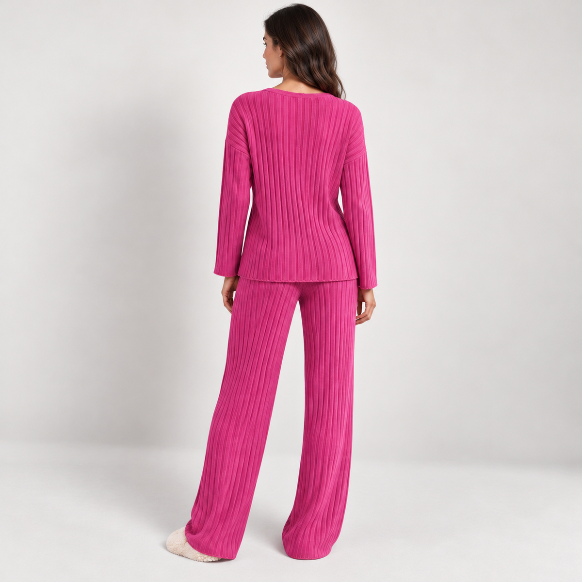 Ribbed V-neck lounge set, pink rear