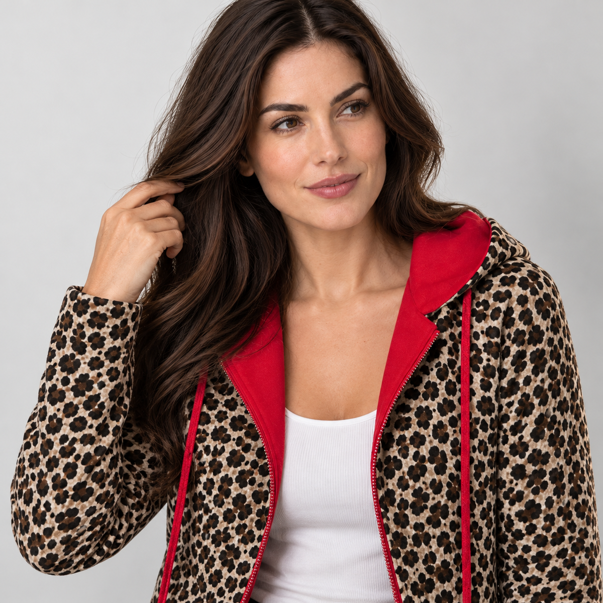 Reversible leopard-print hooded coat, red cords detail v1