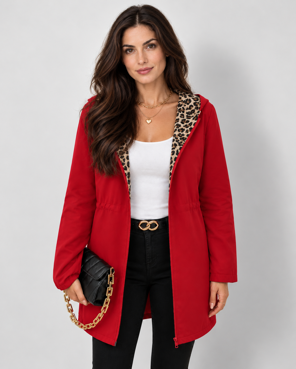Red reversible leopard-print hooded coat, front view