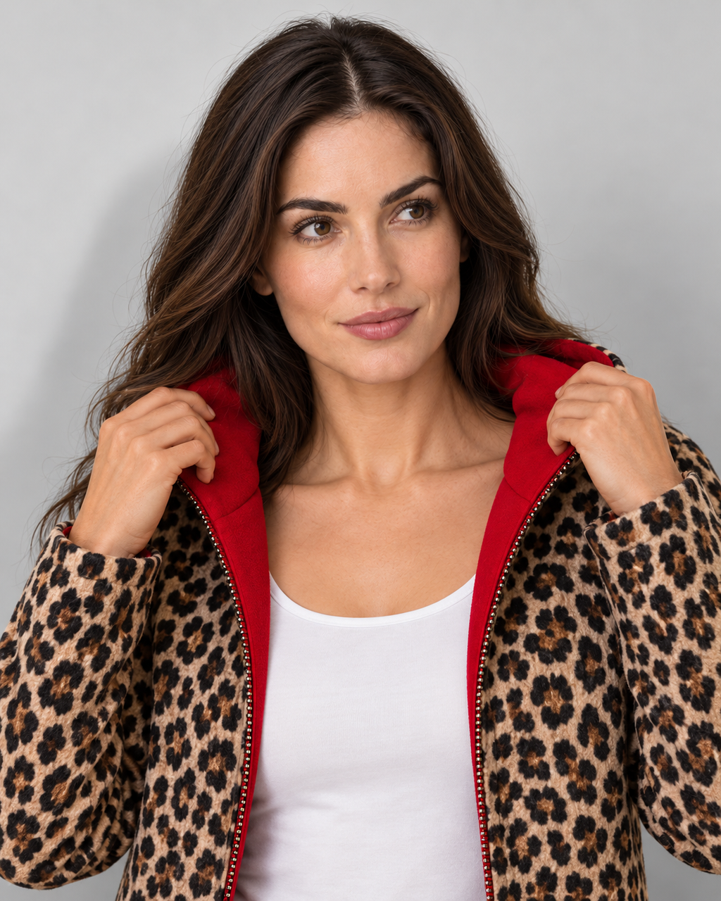 Reversible leopard-print hooded coat, red reverse detail v1