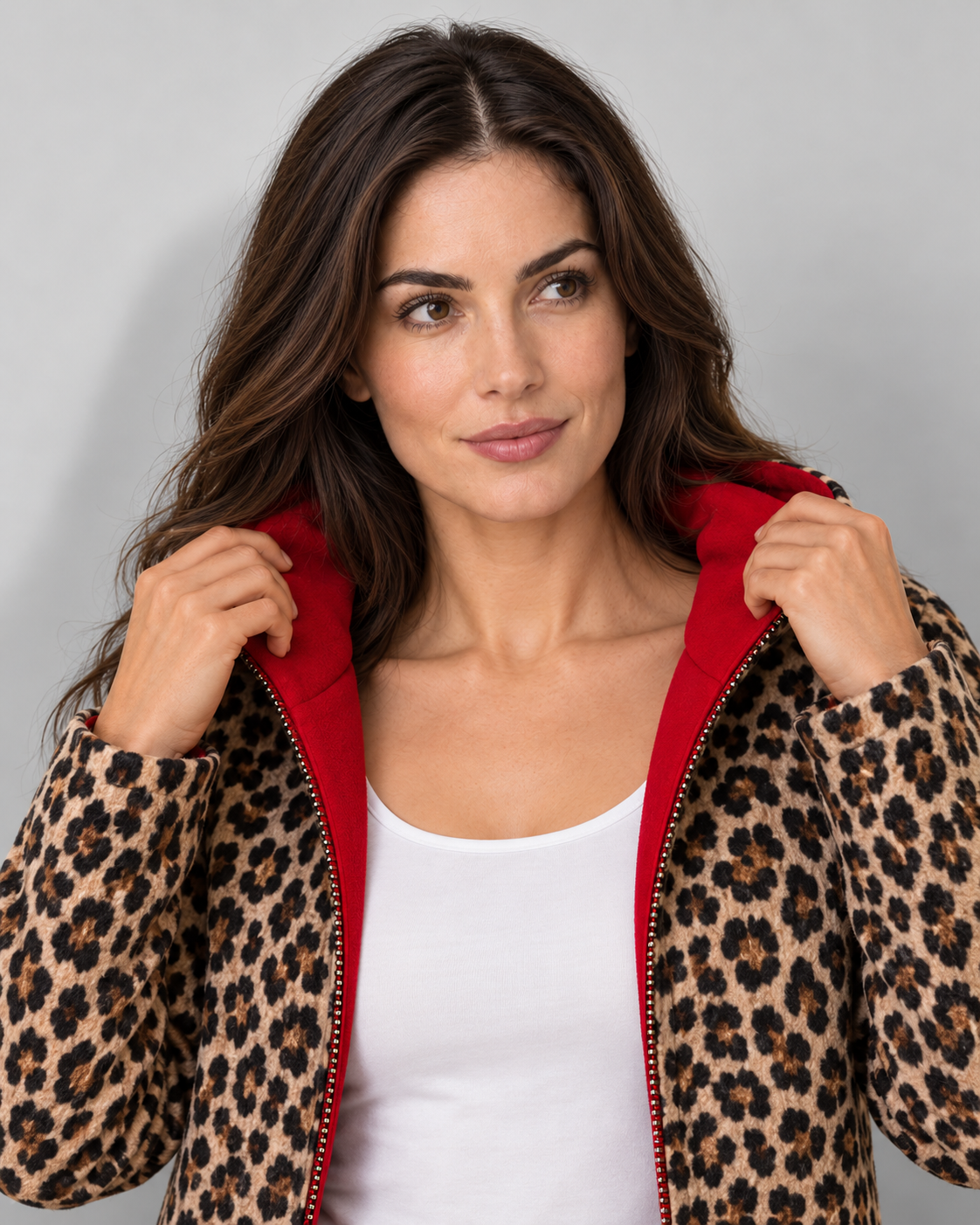 Reversible leopard-print hooded coat, red reverse detail v1