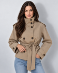 Women's khaki cropped belted trench jacket, high-collar front view 1, Avery & Mercer model