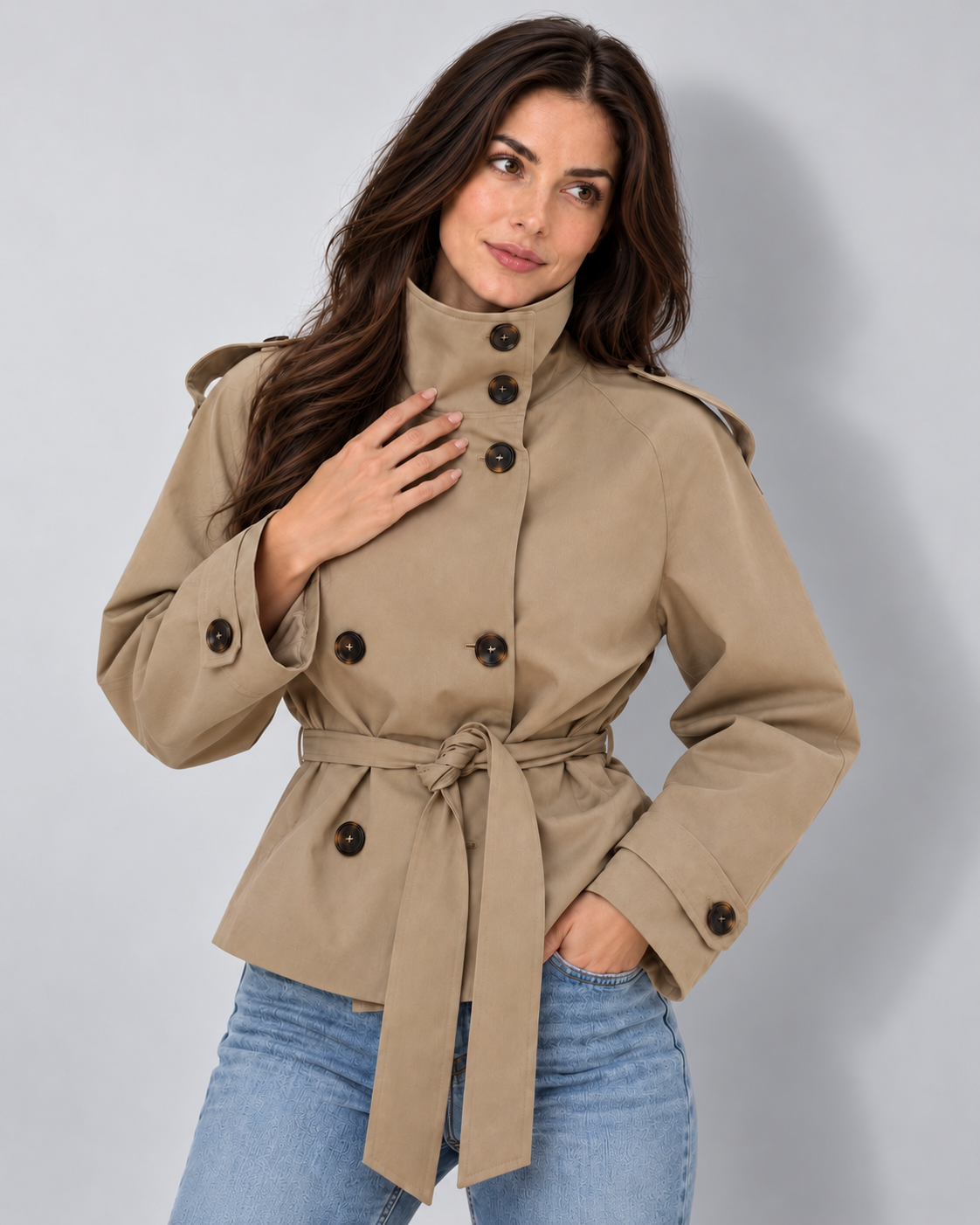 Women's khaki cropped belted trench jacket, high-collar front view 2, Avery & Mercer model