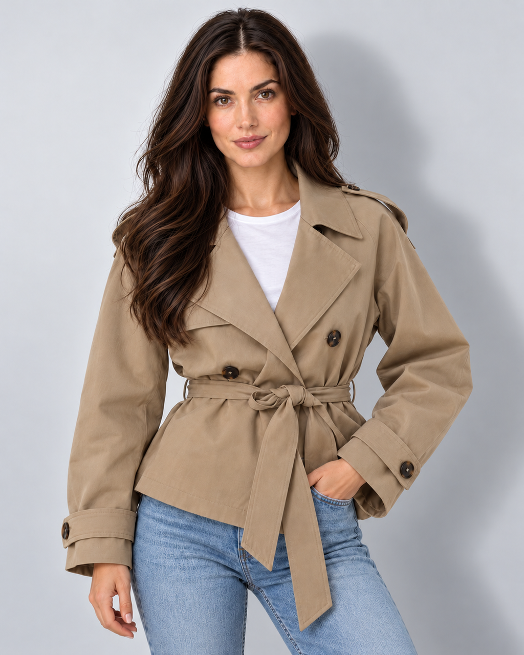 Women's khaki cropped belted trench jacket, open-lapel front view 3, Avery & Mercer model