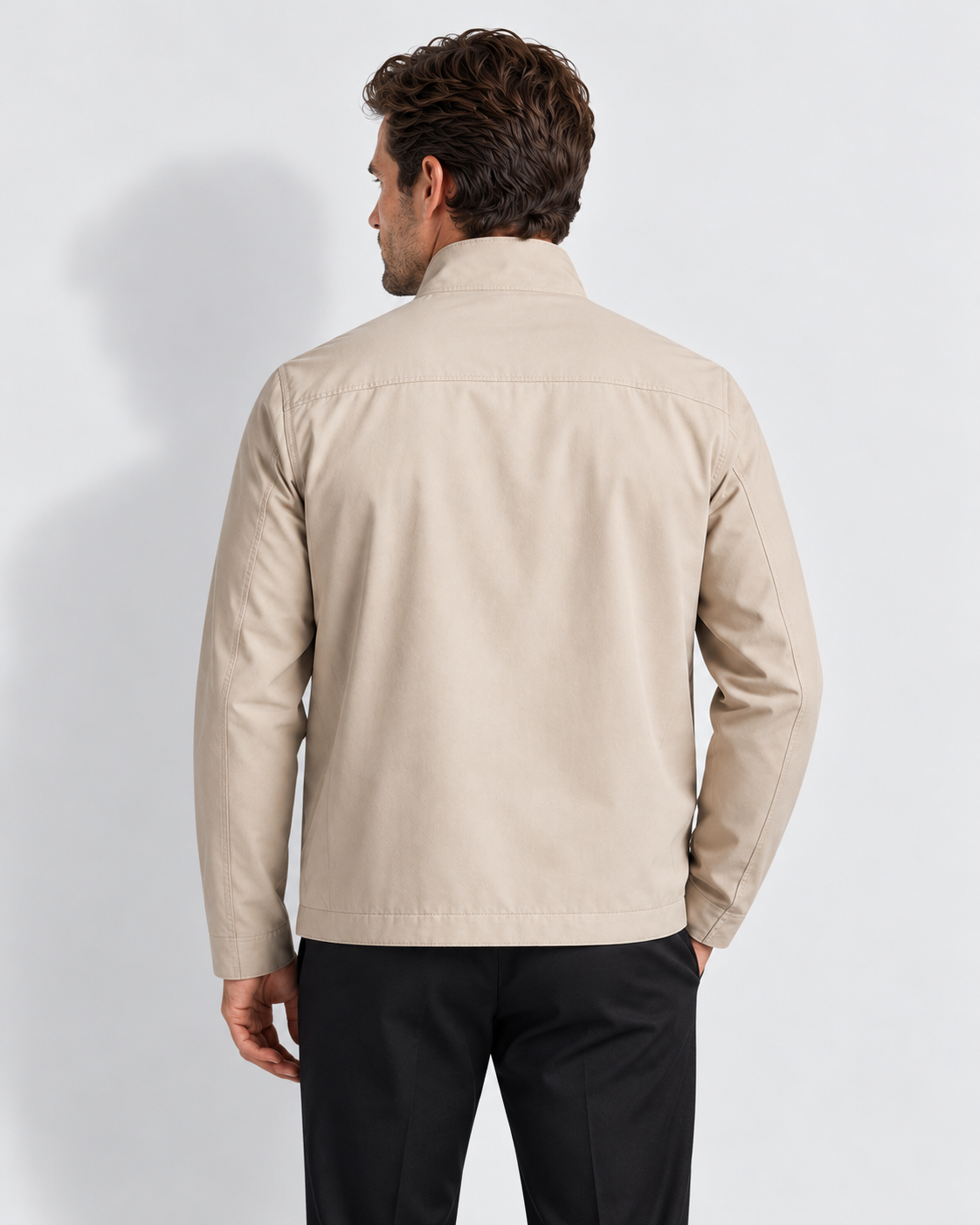Men's stand-collar zip-up jacket, beige rear v1
