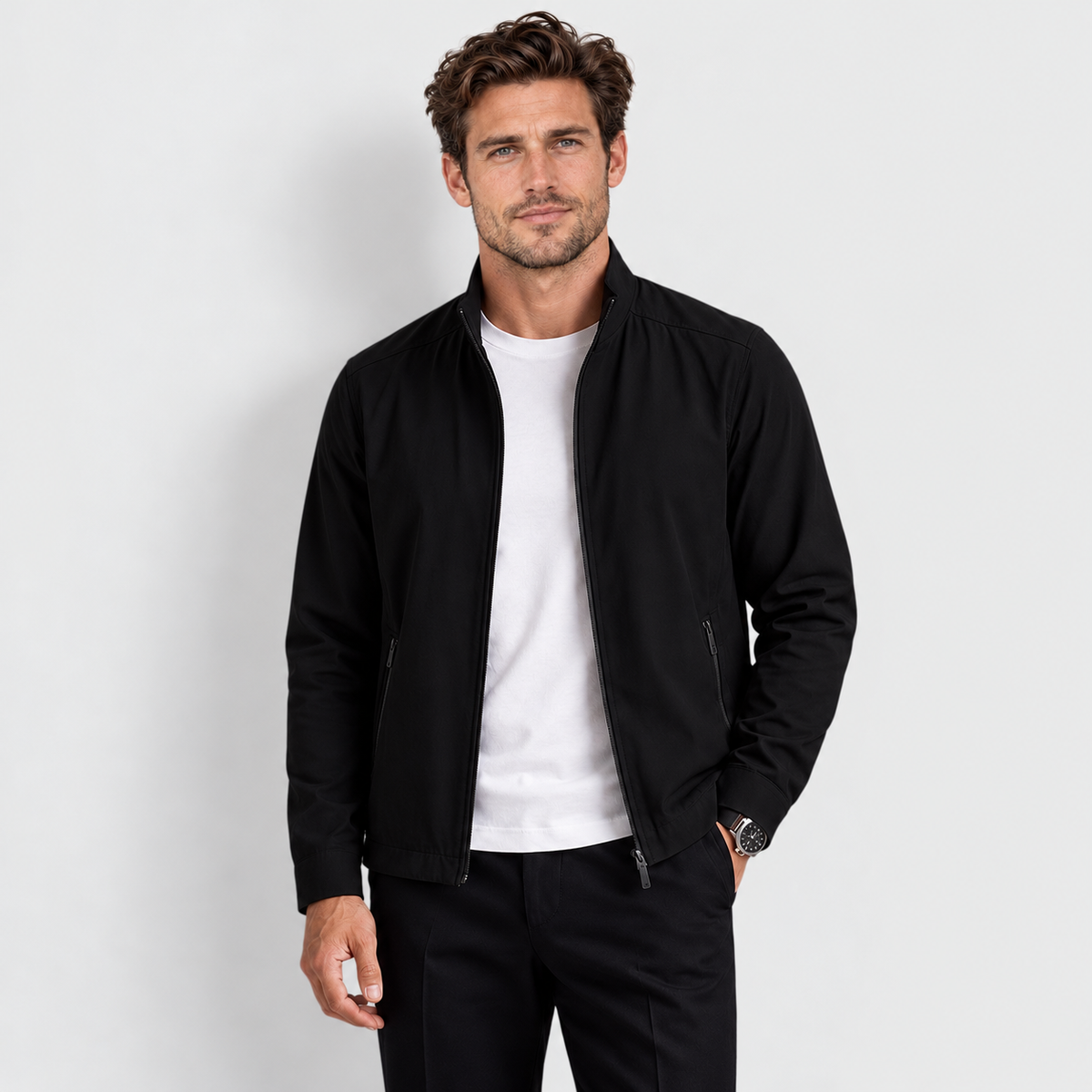 Men's stand-collar zip-up jacket, black front v1