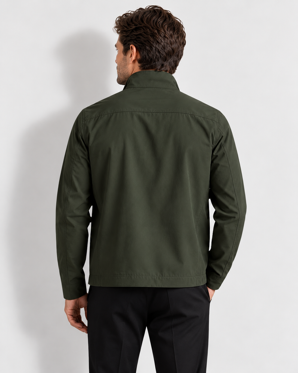 Men's stand-collar zip-up jacket, green rear v1