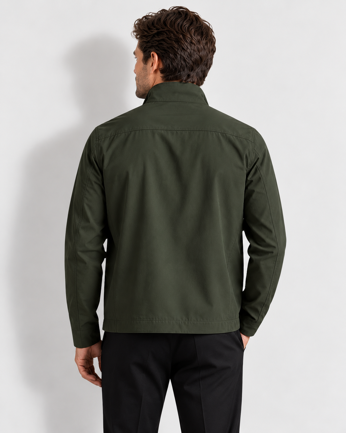 Men's stand-collar zip-up jacket, green rear v1
