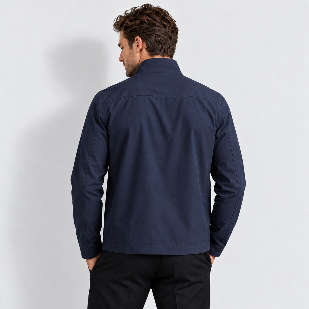 Men's stand-collar zip-up jacket, navy rear v1