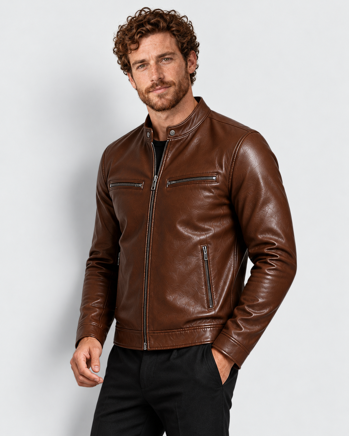 Avery & Mercer men's genuine leather jacket, brown closed, own model M03