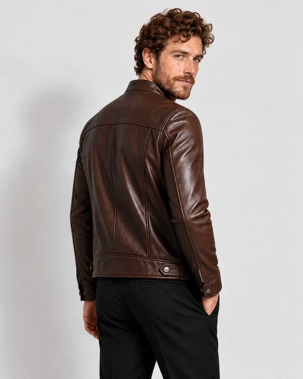 Avery & Mercer men's genuine leather jacket, brown rear, own model M03